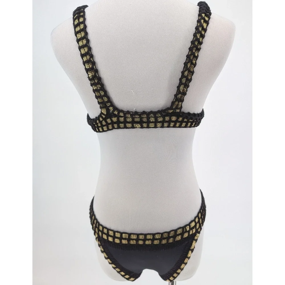 Kiini Chacha Bikini Set Women S Black Gold Crochet Trim Triangle Boho Festival - Picture 7 of 16